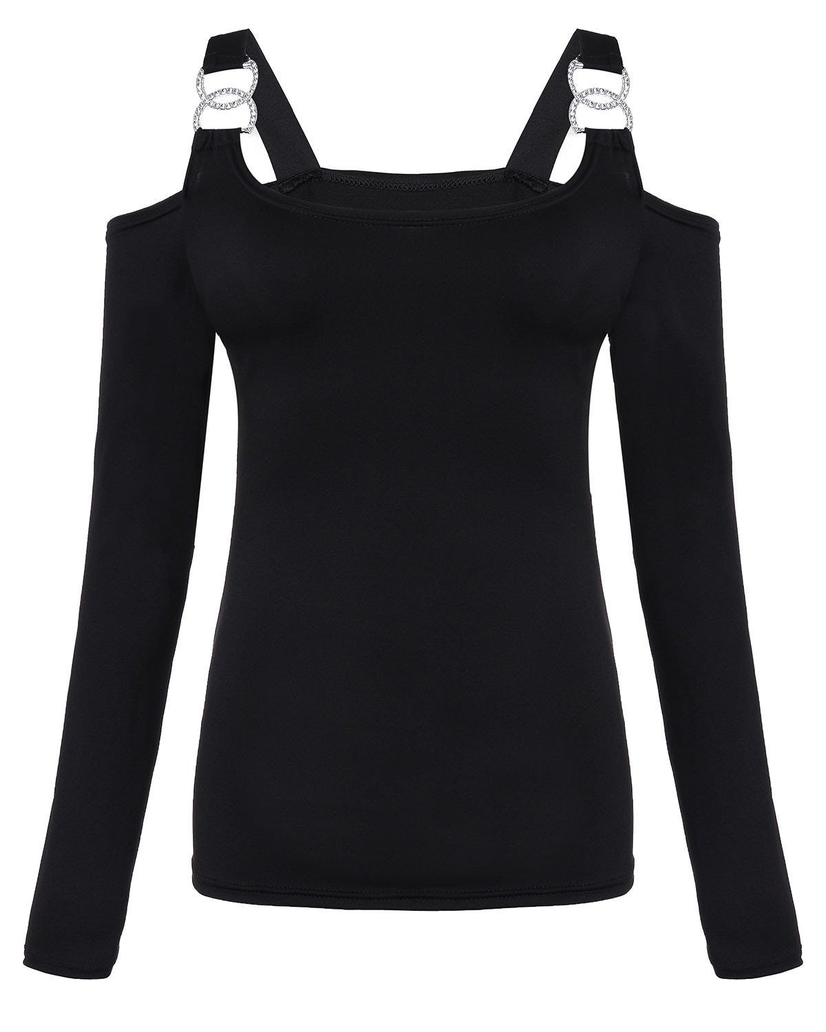 Women Off Shoulder Shirts Slim Fit Tops Long Sleeve Slash Neck Bodycon Tee Shirts Rhinestone Buckles