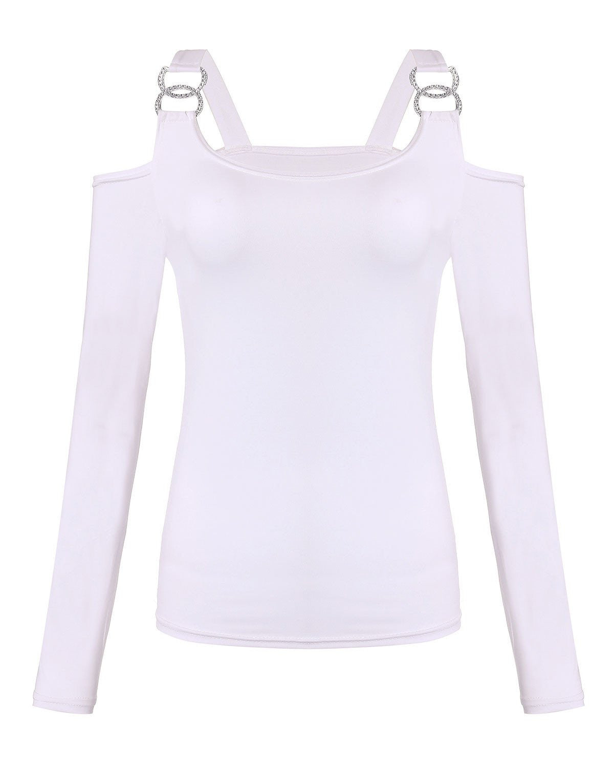 Women Off Shoulder Shirts Slim Fit Tops Long Sleeve Slash Neck Bodycon Tee Shirts Rhinestone Buckles
