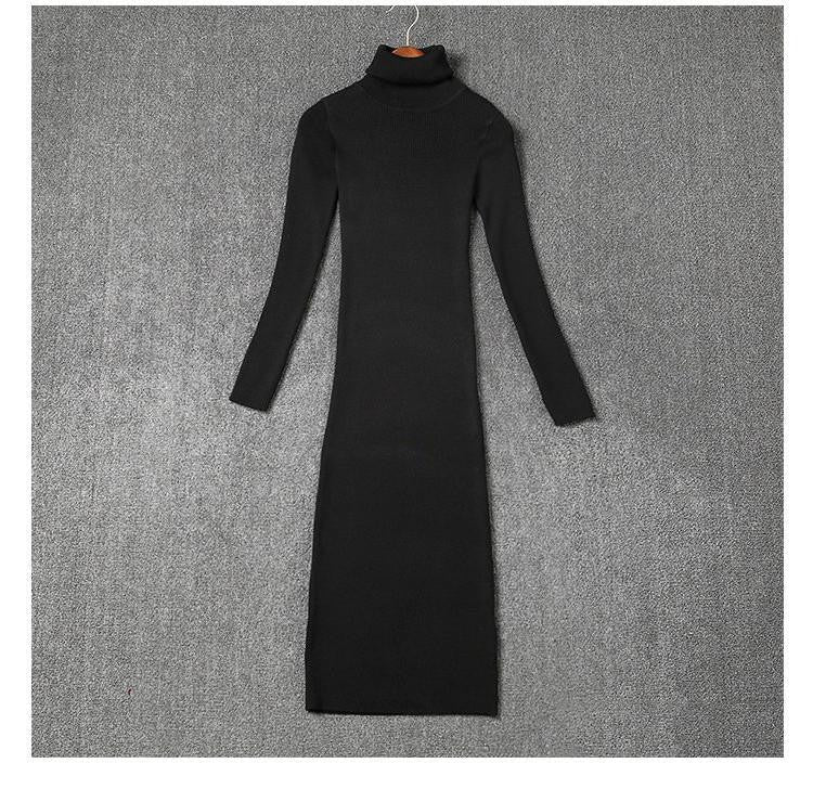 Women Sweater Dresses Black Gray Autumn And Winter Long Sleeve Turtleneck Knitted Knitting Dress