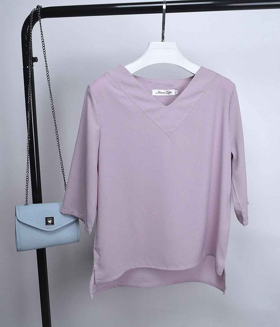 Tops V-neck Chiffon Blouse Shirt Women Office Ladies Top Work Shirts Clothing Korean Plus size S-XL White Blue Pink