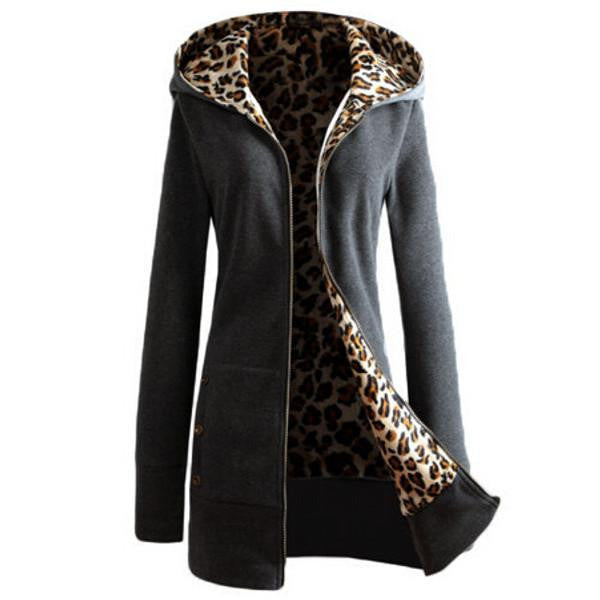 Women Leopard Fleece Zipper Hooded Warm Coat Female Thickening Slim Jacket Casual Outwear Plus Size Overcoat
