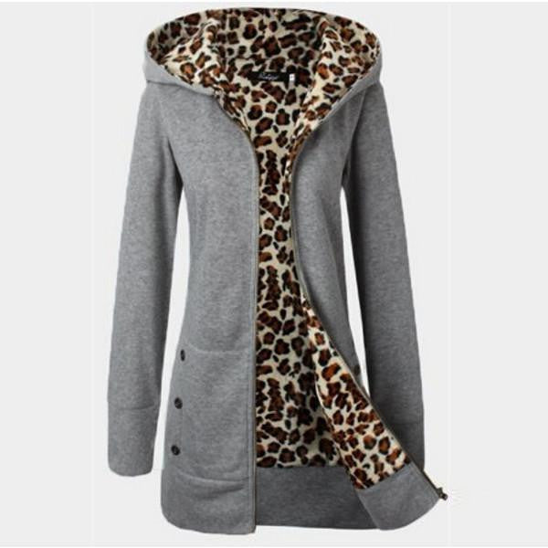 Women Leopard Fleece Zipper Hooded Warm Coat Female Thickening Slim Jacket Casual Outwear Plus Size Overcoat