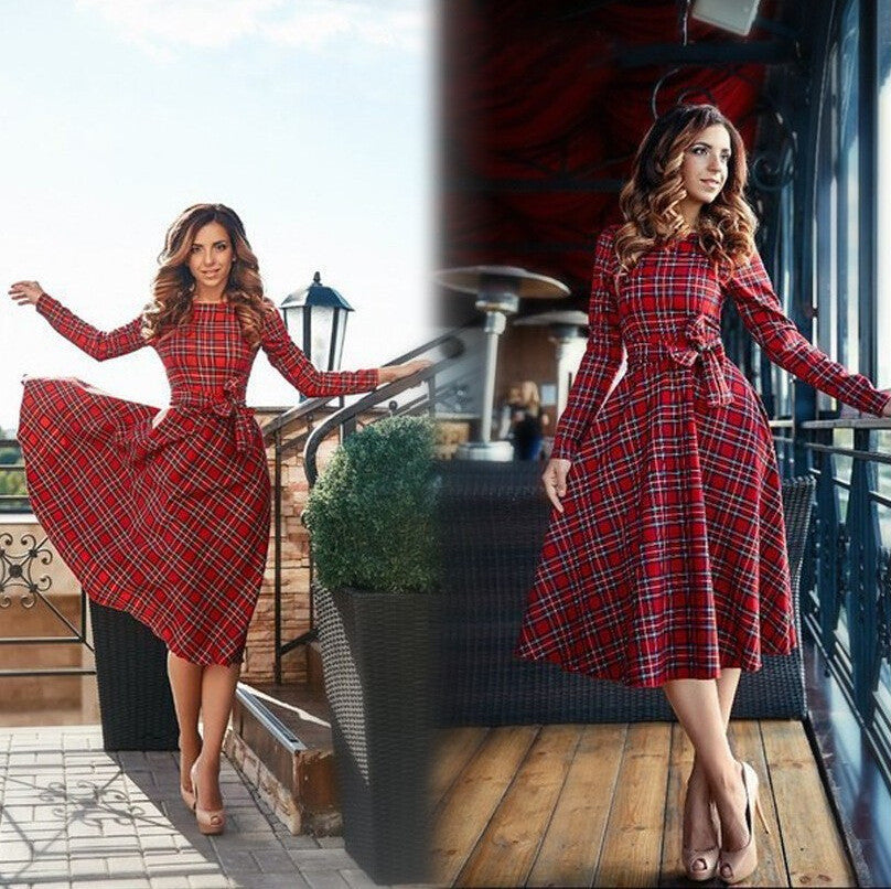 red plaid long sleeve mini dress women o-neck Bow casual dresses Vestidos