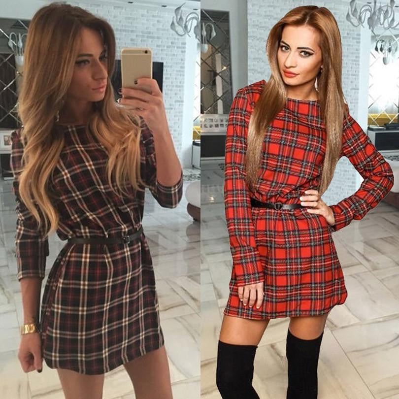 Women Plaid Dresses O-neck Long Sleeve Loose Dresses Casual Mini Dress