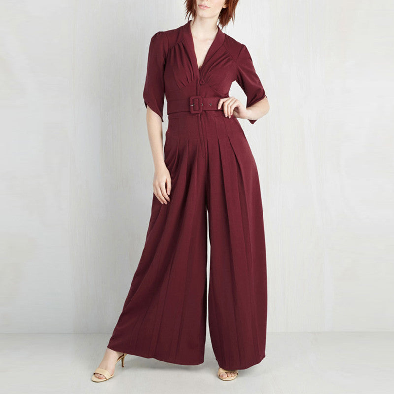 Online discount shop Australia - High Waist Slim Pocket New Woman Jumpsuit Romper V-Neck Short Sleeve Harem Fashion Jumpsuit