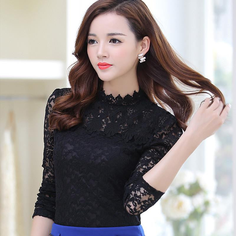 Women Tops Fashion Lace Blouse Long Sleeve Slim Body Floral Shirt Elegant Plus Size Lace Top