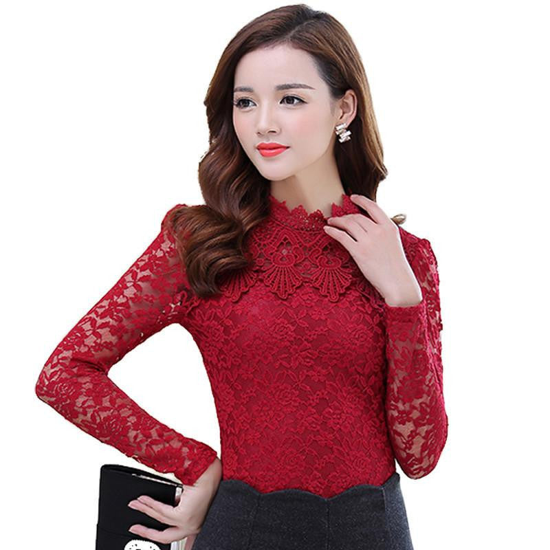 Women Tops Fashion Lace Blouse Long Sleeve Slim Body Floral Shirt Elegant Plus Size Lace Top