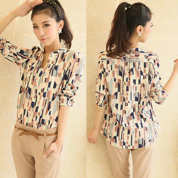 Online discount shop Australia - Crochet blouse Career Button Down Women's Shirts Tops Turn-down Collar Geometric Print Long Sleeve Blouse For SHM