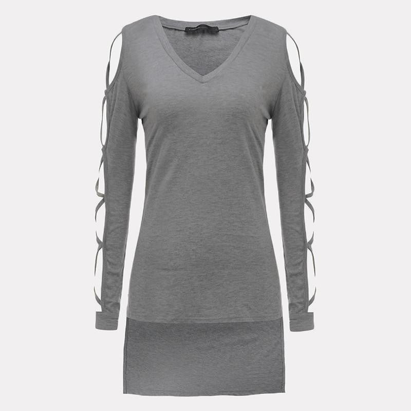 Bandage Hollow Out Long Sleeve Women Blouse Shirt V Neck High Low Split Tops Club Party