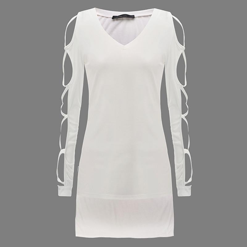 Bandage Hollow Out Long Sleeve Women Blouse Shirt V Neck High Low Split Tops Club Party