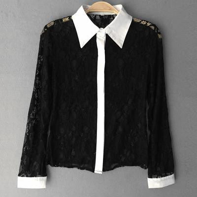Lace Turn Down Collar Blouse Long Sleeve Shirt Women Hollow Splice Women Blouse Nightclub Women Clothing