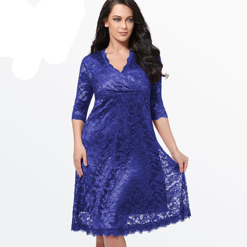 Online discount shop Australia - Lace Dress Women Sexy V-Neck Half Sleeve A-line Party gown Knee-Length large size dress Plus Size Lace Dresses