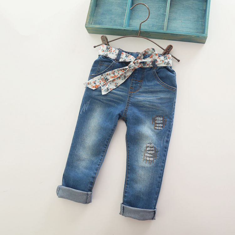 Baby Girls Fashion Denim Jeans Girls Flower-belt Skinny Jeans Kids Spring Autumn Jeans Child Long Pants - CelebritystyleFashion.com.au online clothing shop australia