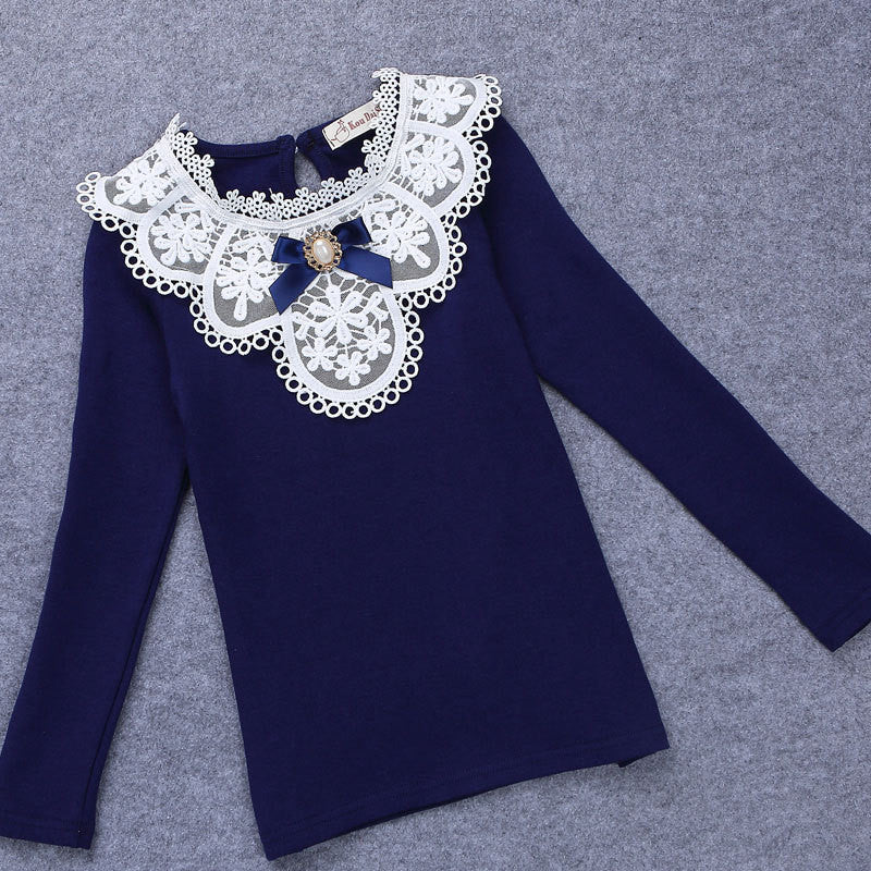 New Autumn Winter Girls Blouses Shirts Fashion Warm Add Wool Long Sleeve White Lace Flower Blouses Girls Cotton Clothes - CelebritystyleFashion.com.au online clothing shop australia