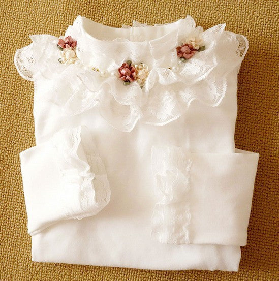 New Autumn Winter Girls Blouses Shirts Fashion Warm Add Wool Long Sleeve White Lace Flower Blouses Girls Cotton Clothes - CelebritystyleFashion.com.au online clothing shop australia
