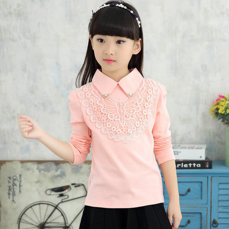 Girls Blouses Spring Autumn Children Clothing Turn-Down Collar Girl Princess Shirts Pearl Child Lace Bottoming Shirt 3-12Y - CelebritystyleFashion.com.au online clothing shop australia