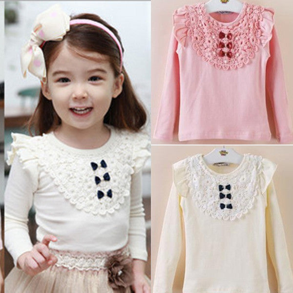 New Kids Toddler Clothes Girls Lace Bow Long Sleeve Tops Casual T Shirt Cotton Blouse - CelebritystyleFashion.com.au online clothing shop australia