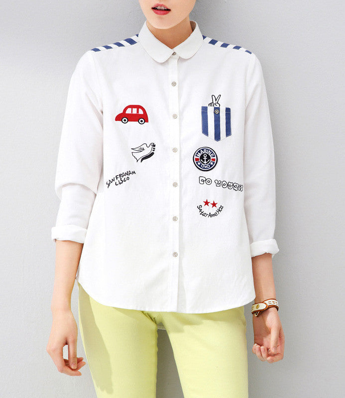 Online discount shop Australia - Fashion Shirts Strip Scrawl Printed Irregular Hem Turn-Down Collar Casual White Shirts
