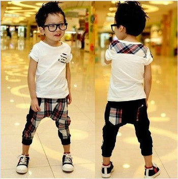 HE Hello Enjoy Boy clothing set Casual kids clothes Summer boys clothes short anima T-Shirt + Plaid pants baby girl outfit - CelebritystyleFashion.com.au online clothing shop australia