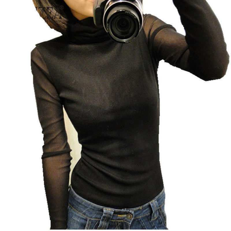 Fashion Shirt Women Turtleneck Long Sleeve Slim Tops Shirts Casual Solid Tee Shirt Lace Mesh
