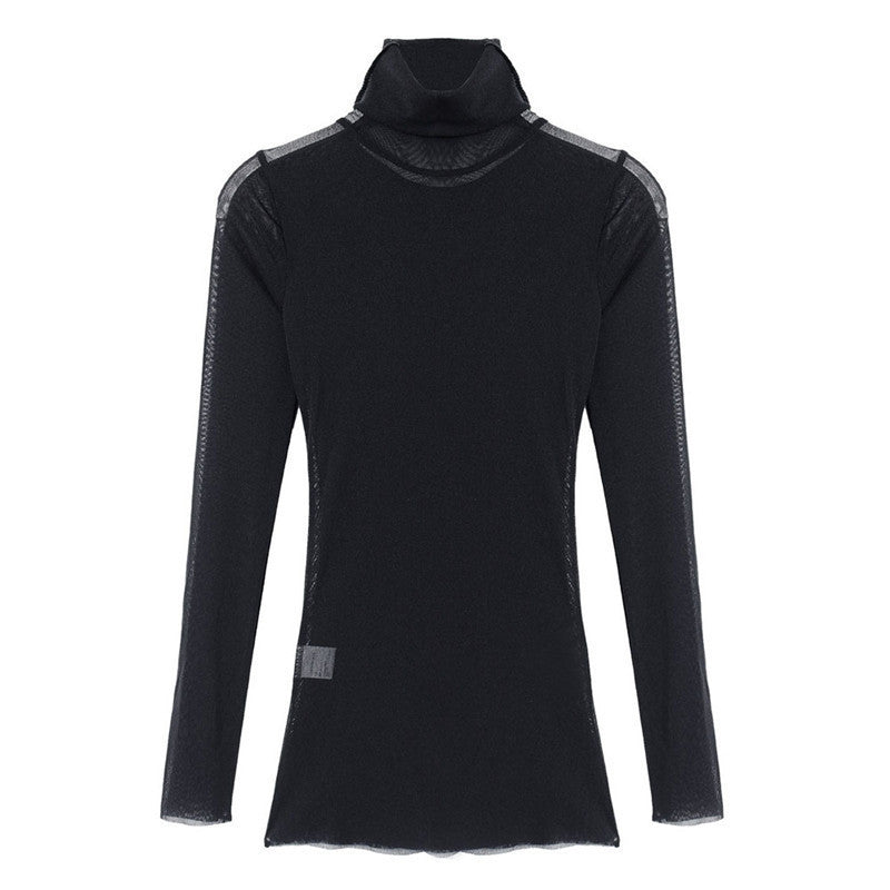 Fashion Shirt Women Turtleneck Long Sleeve Slim Tops Shirts Casual Solid Tee Shirt Lace Mesh