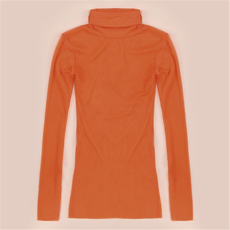 Fashion Shirt Women Turtleneck Long Sleeve Slim Tops Shirts Casual Solid Tee Shirt Lace Mesh