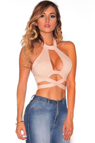 Women's Apricot Blue Black Crisscross Cut Out Halter Crop Top