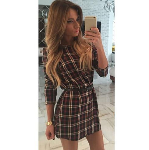 Women Plaid Dresses O-neck Long Sleeve Loose Dresses Casual Mini Dress