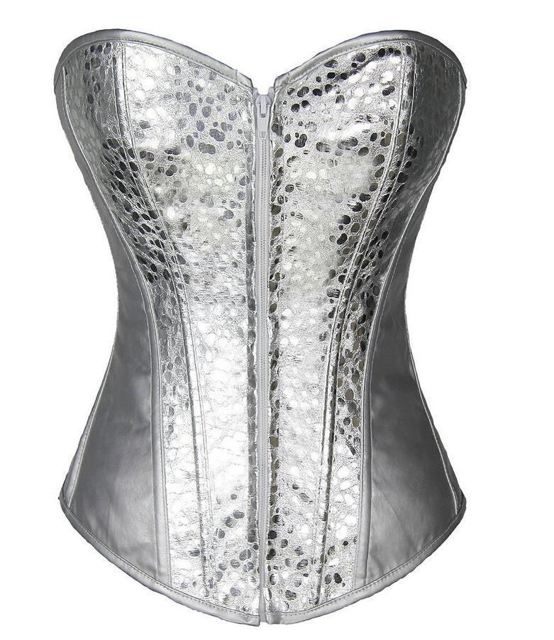 Online discount shop Australia - Leather Overbust Corset gold/sliver Showgirl Clubwear Burlesque zipper Costume Lace up Boned Carnival Top Shirt S-2XL