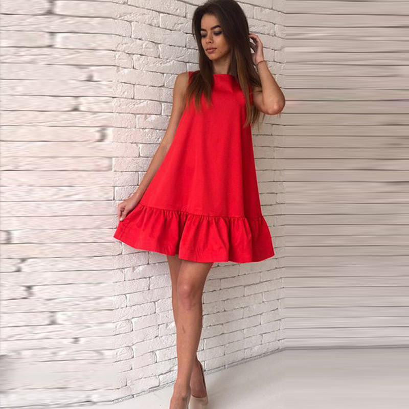 Women Dress Summer Sleeveless Back Zipper Cotton Green Ruffle Cute Casual Short Dress Loose Party Beach Dress Girl Vestidos