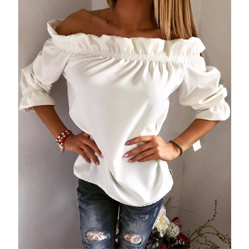Online discount shop Australia - Fashion Women Blouse Puff Sleeve Slash Neck Soild Shirt Strapless Off Shoulder Ruffles Feminine Blouses Ladies Tops LJ3866C