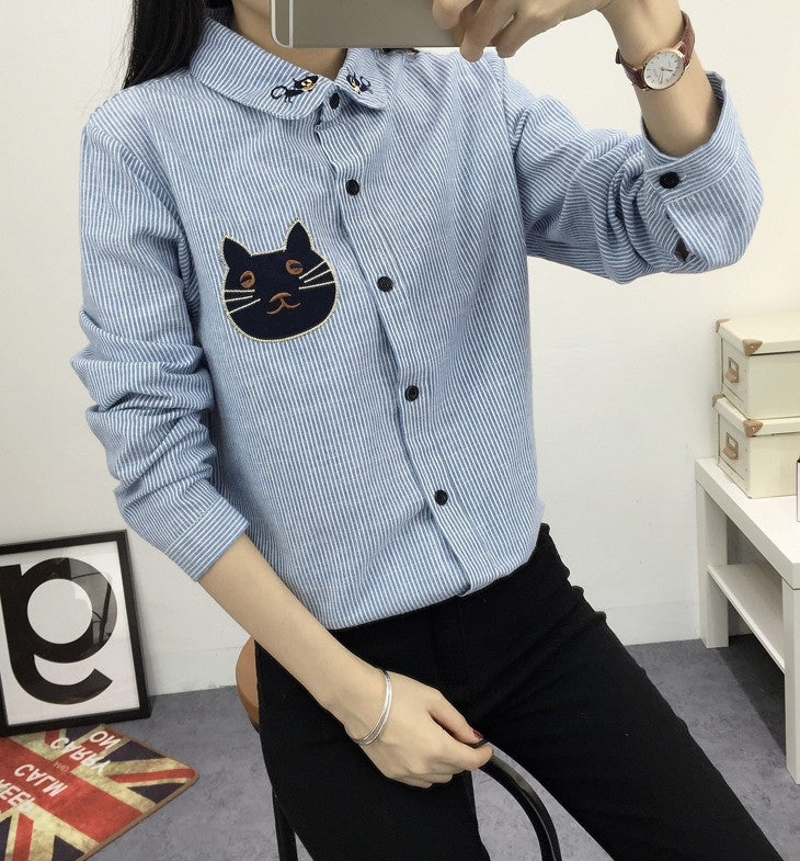 Women's Shirt Blouse Cat Embroidery Long Sleeve Women Shirt's Casual Tops Size M-XL