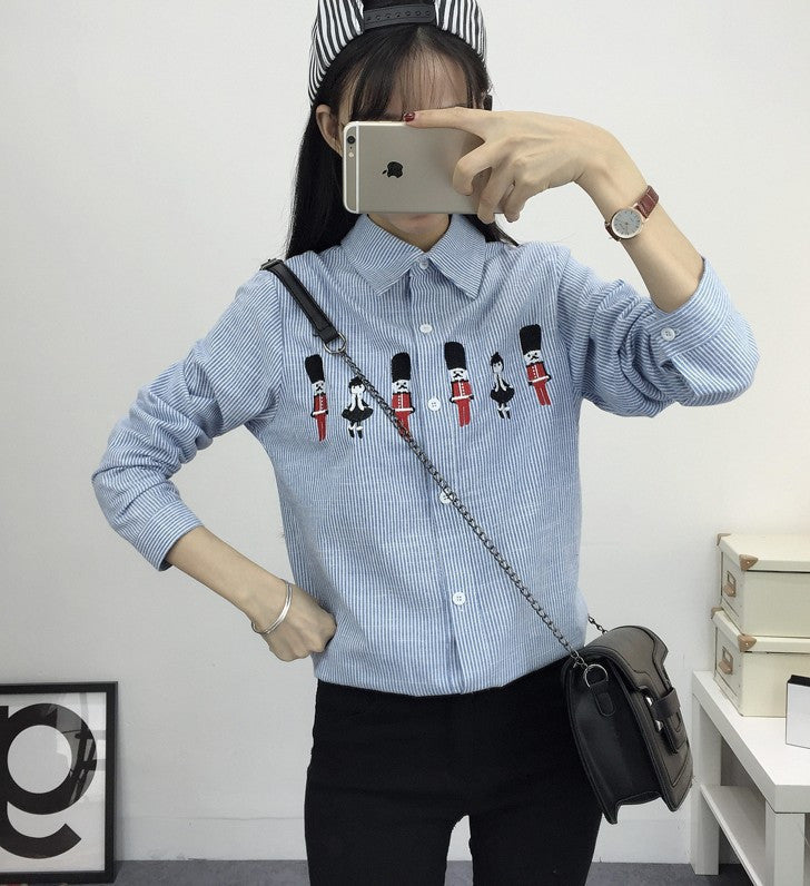 Women's Shirt Blouse Cat Embroidery Long Sleeve Women Shirt's Casual Tops Size M-XL