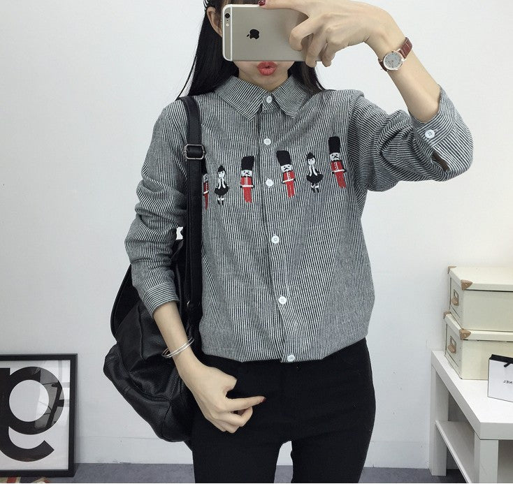 Women's Shirt Blouse Cat Embroidery Long Sleeve Women Shirt's Casual Tops Size M-XL