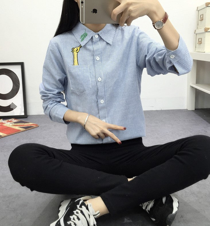 Women's Shirt Blouse Cat Embroidery Long Sleeve Women Shirt's Casual Tops Size M-XL