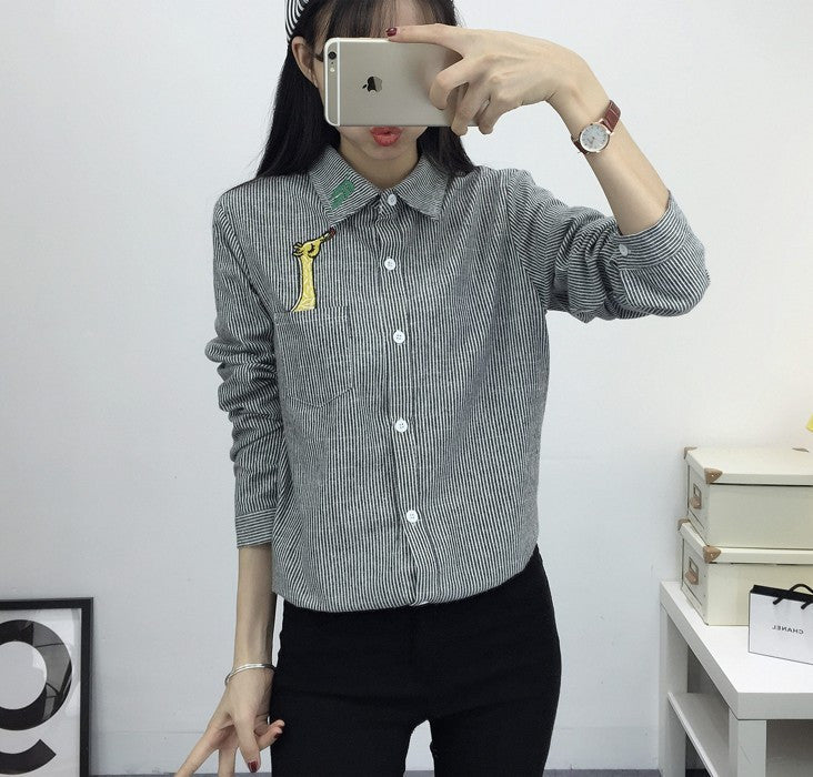 Women's Shirt Blouse Cat Embroidery Long Sleeve Women Shirt's Casual Tops Size M-XL