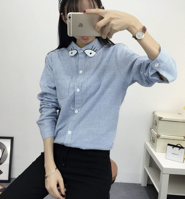 Women's Shirt Blouse Cat Embroidery Long Sleeve Women Shirt's Casual Tops Size M-XL