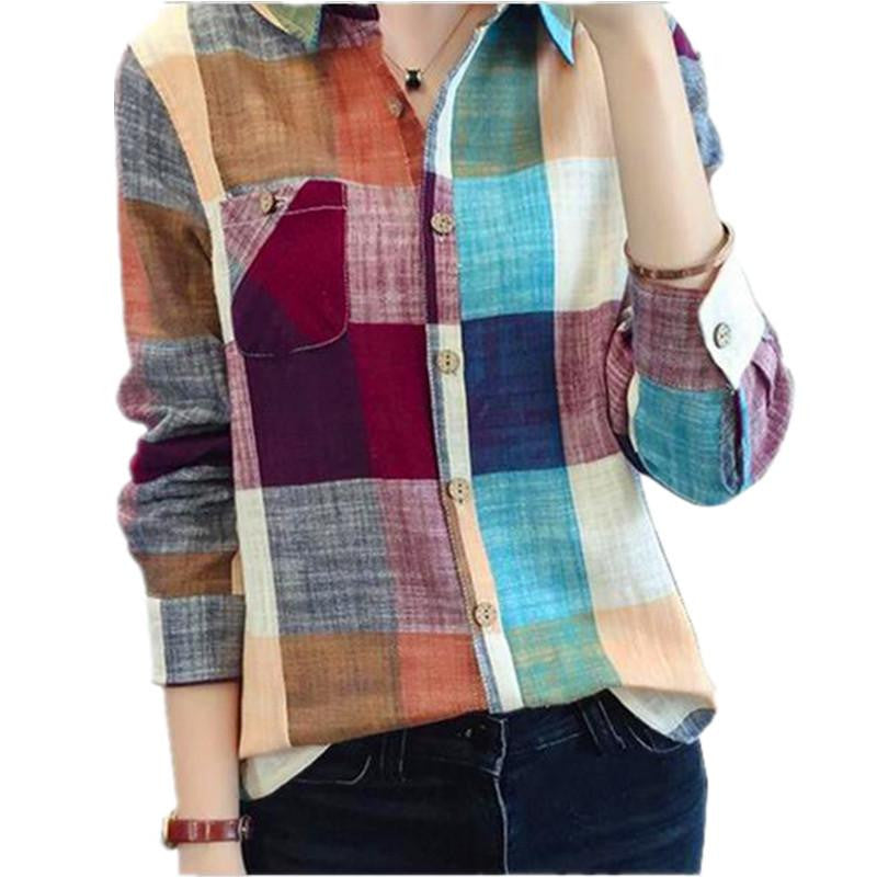 Vintage Plaid Shirt Women Fashion Ladies Tops Women Blouses Long Sleeve Blouse Women Casual