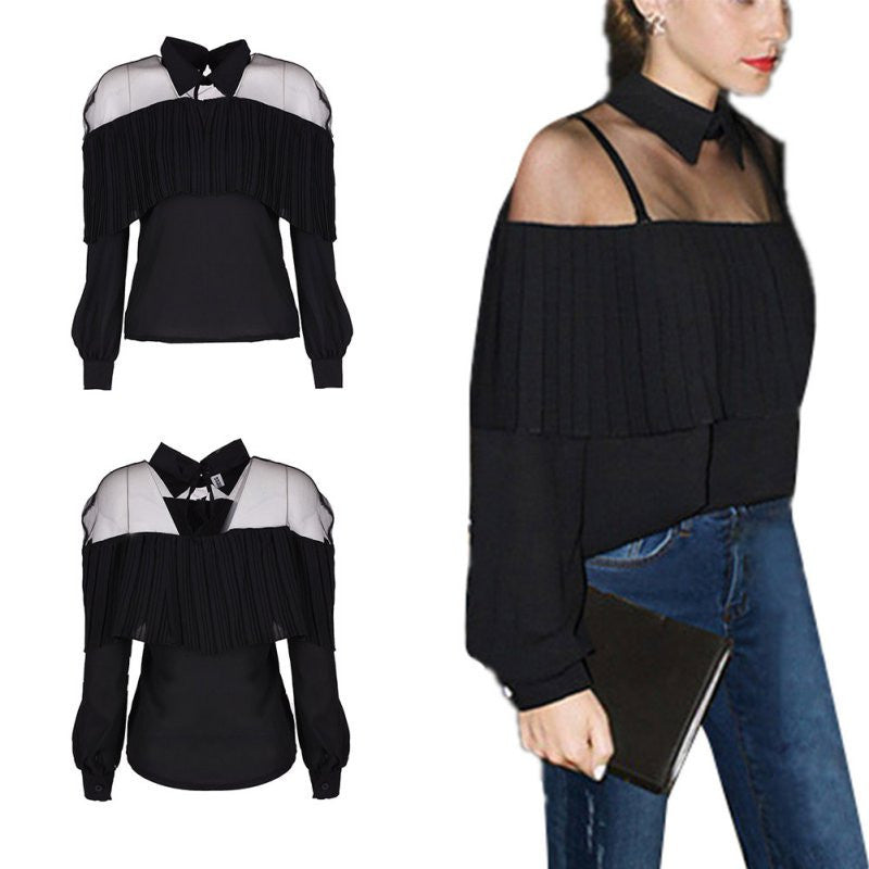 Off Shoulder Cape-Style Loose Pleated White Black Tops Chiffon Blouse Shirt For Women