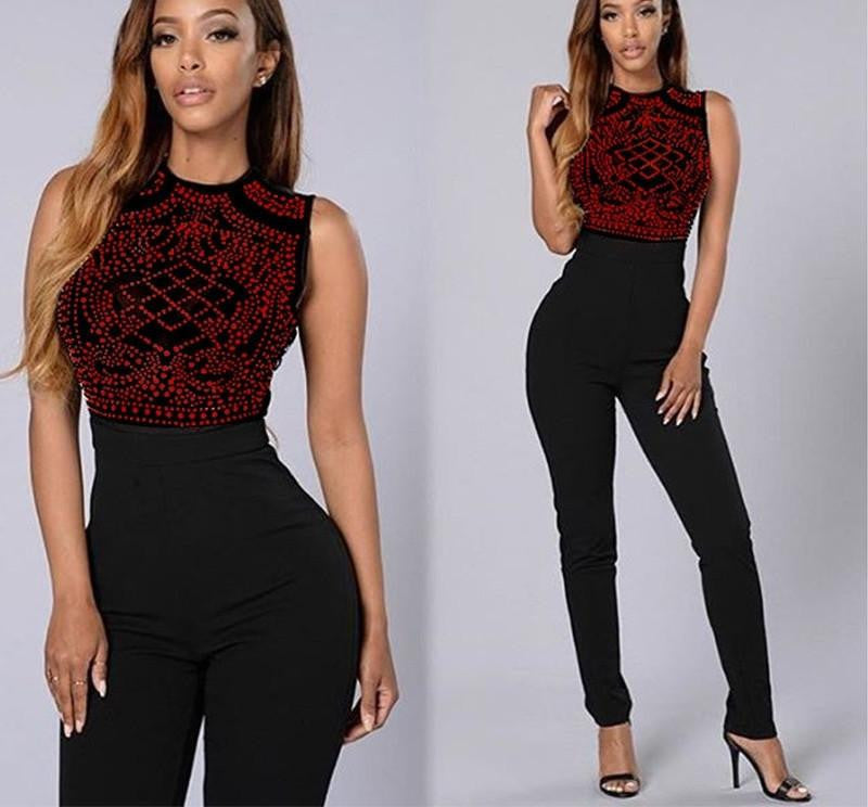 Online discount shop Australia - Glamaker Sleeveless o neck rhinestone jumpsuit romper Mesh party bodycon overalls Women clubwear long pants playsuit