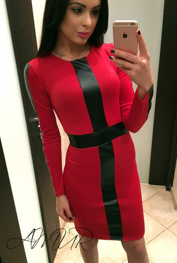 Online discount shop Australia - Fashion O-neck Autumn dress casual long sleeve PU patchwork women dress vestidoes