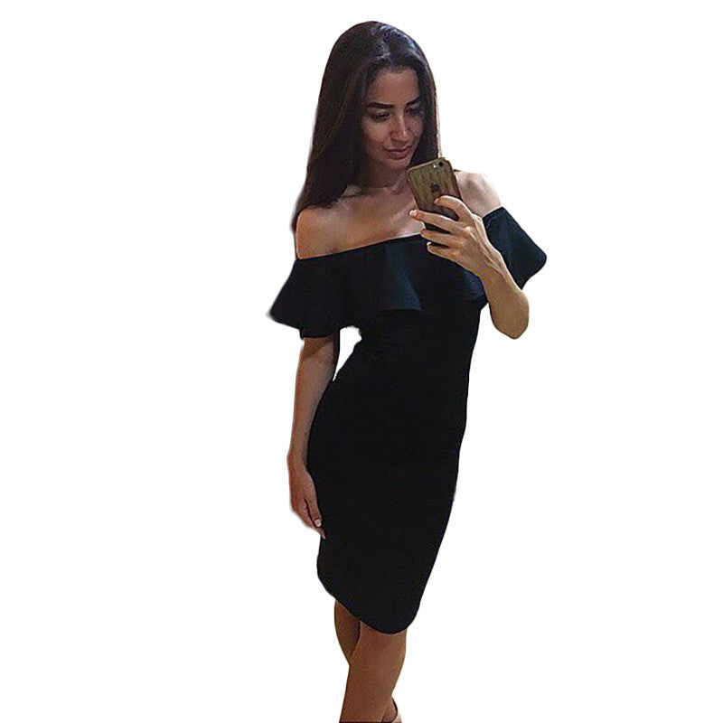 Online discount shop Australia - Elegant Women Dress Sexy Off Shoulder Casual Ruffles Slash Neck Cotton Beach Dresses Girls Short Party Plus Size