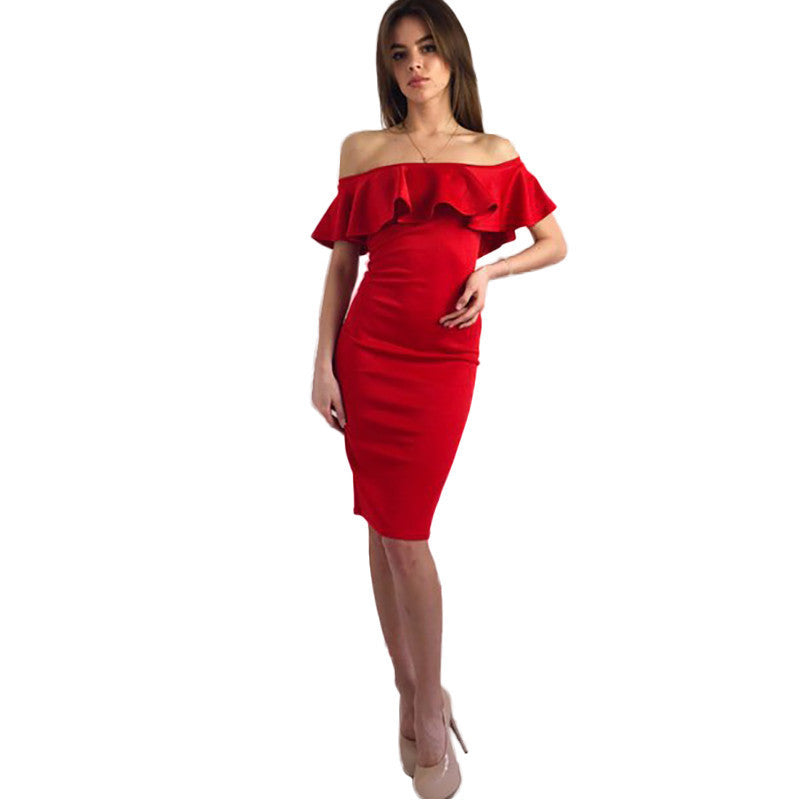Online discount shop Australia - Elegant Women Dress Sexy Off Shoulder Casual Ruffles Slash Neck Cotton Beach Dresses Girls Short Party Plus Size