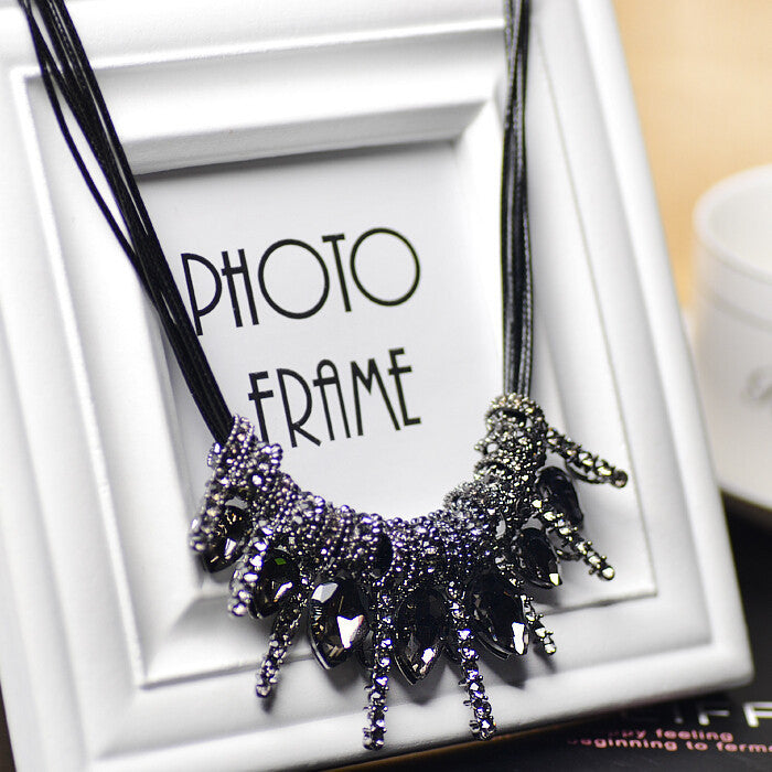 Online discount shop Australia - Luxury Imitation blue diomands rhinestone gem crystal peacock feather rope statement necklace fashion jewelry