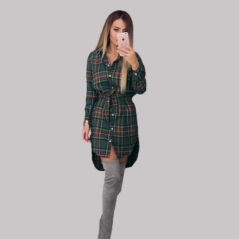 Online discount shop Australia - Autumn Dress Women Irregular Plaid Shirt Dresses Sexy Long Sleeve Turn Down Collar Office Casual Dress LJ5932C