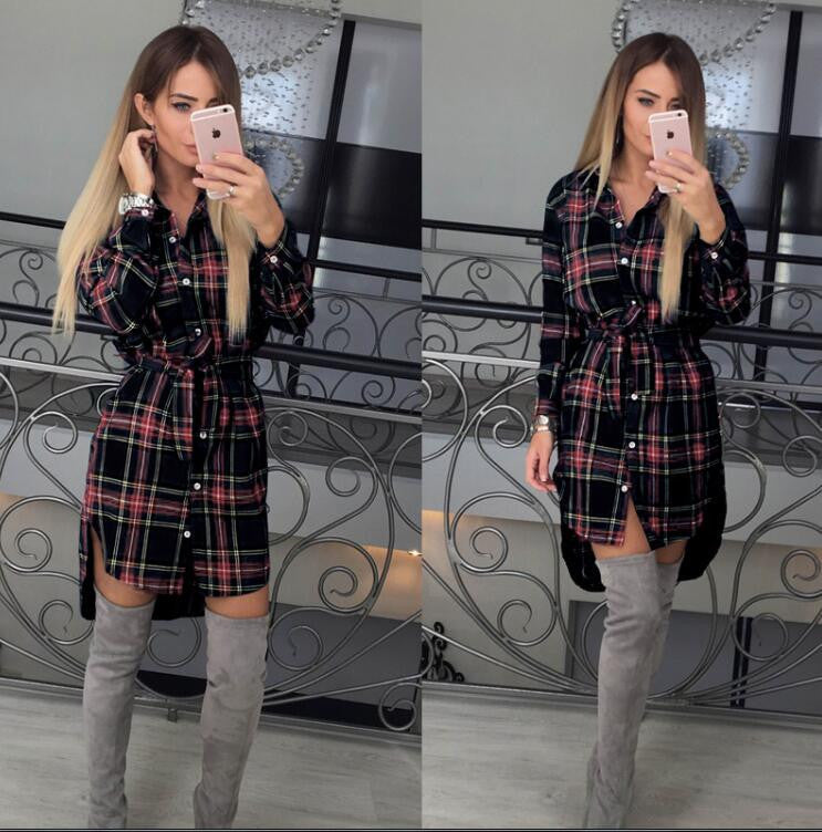 Online discount shop Australia - Autumn Dress Women Irregular Plaid Shirt Dresses Sexy Long Sleeve Turn Down Collar Office Casual Dress LJ5932C