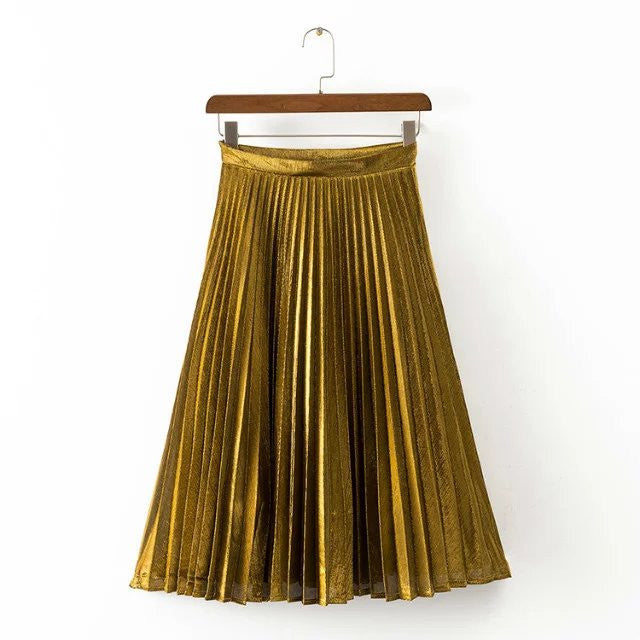 metal color pleated green blue red women long skirt