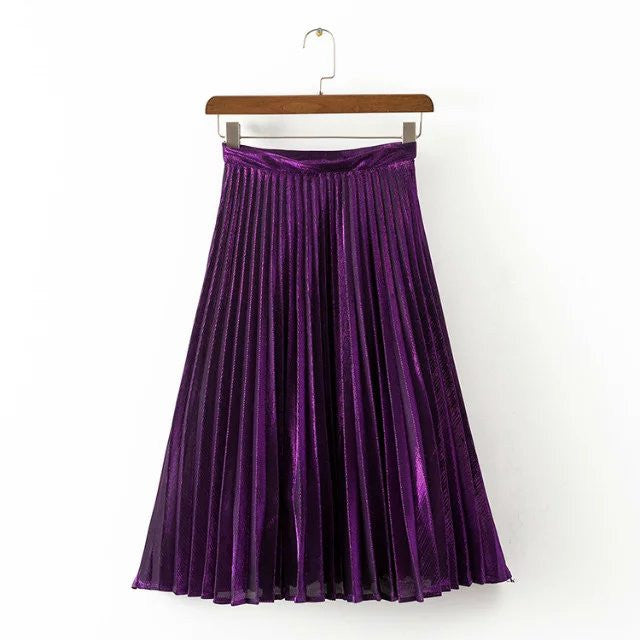 metal color pleated green blue red women long skirt