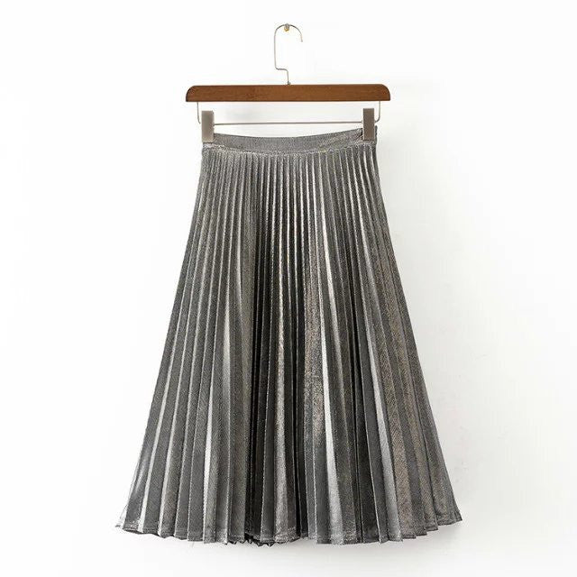 metal color pleated green blue red women long skirt