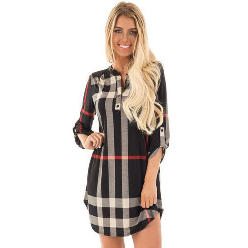 Plaid WomenDress V-Neck Vintage Office Dress Party Dresses Causal Mini Dress Plus Size Women Clothing LJ5569T